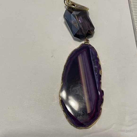 Gold Tone Purple Resin Agate Pendant Necklace 24” Boho Statement - Picture 4 of 7